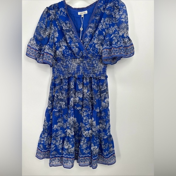 MAX STUDIO NWT Blue Floral Smocked Flutter Sleeve Dress Sz XS $138 - Picture 1 of 6